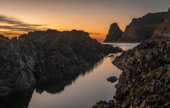 Море, небо, пейзаж, закат, природа, отражение, камни, скалы