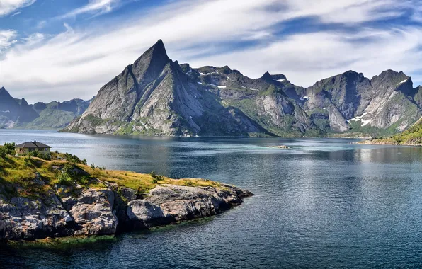 Картинка горы, дом, фьорд