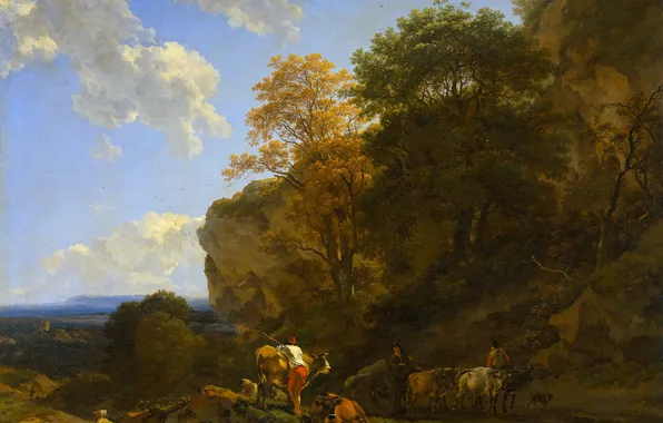 Масло, картина, холст, Николас Питерс Берхем, Итальянский пейзаж, Nicolaes Pietersz Berchem, 1683