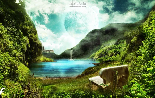 Картинка зелень, небо, вода, скамейка, природа, река, гора