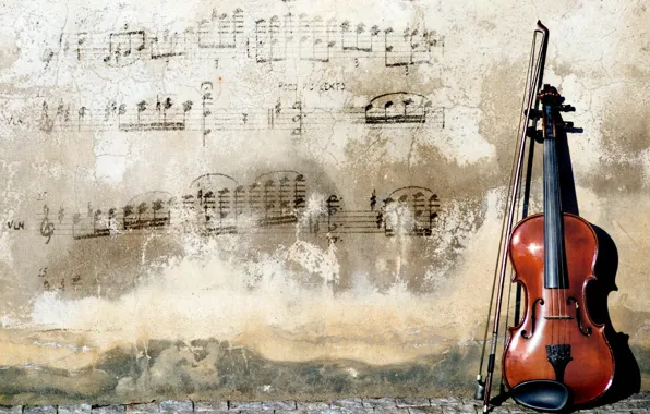 Ноты, музыка, стена, скрипка