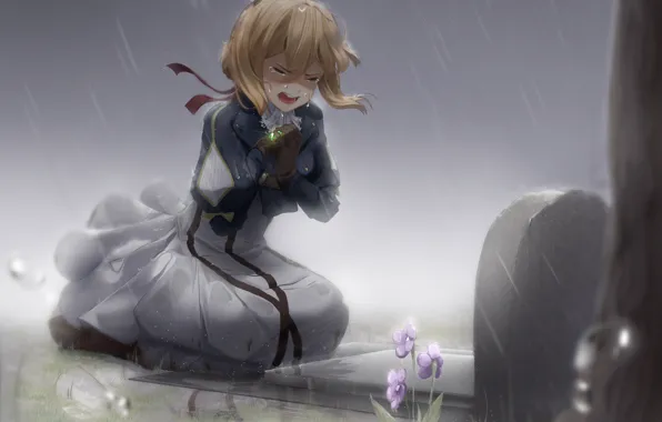 Девушка, цветы, дождь, слёзы, могила, Violet Evergarden