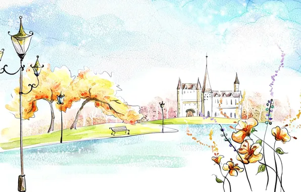 Картинка осень, деревья, цветы, озеро, парк, замок, фантазия, рисунок