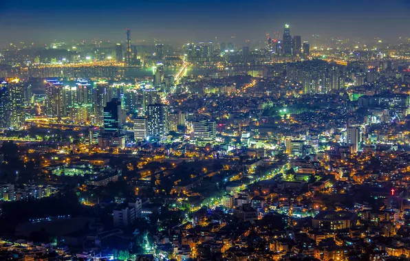 Ночь, огни, вид, панорама, небоскрёбы, Сеул, Южная Корея