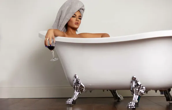 Girl, White, Bath, Wineglass