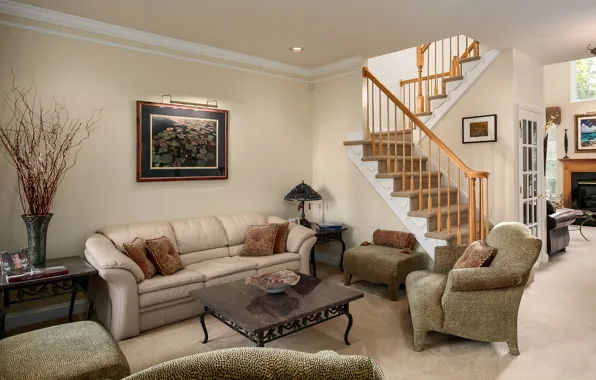 Картинка диван, картина, кресло, лестница, гостиная