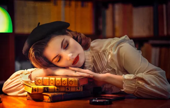 Книги, ситуация, берет, лицо, библиотека, макияж, спящая девушка, настроение