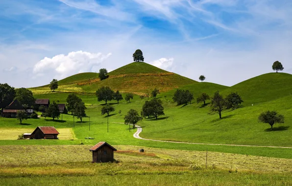 Картинка дорога, холмы, дома, Швейцария