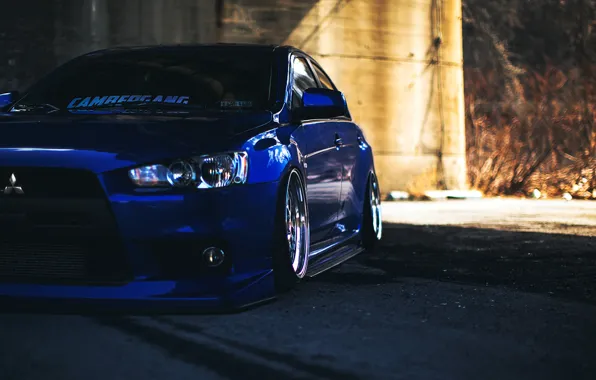 Mitsubishi, blue, lancer, stance, evolution x, slammed