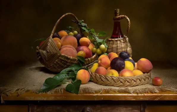 Листья, стол, вино, бутылка, фрукты, натюрморт, корзинка, персики
