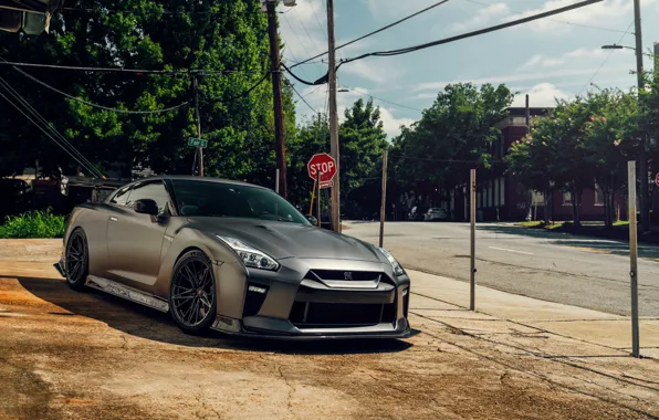 Nissan, Front, Grey, Side, R35, Road, Nissan GTR, Trees