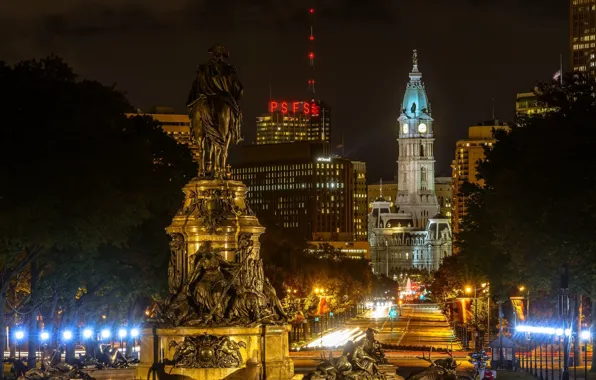 Ночь, город, огни, памятник, статуя, Philadelphia