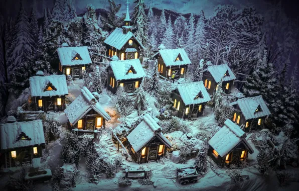 Картинка зима, снег, домики, фигуры, Merry Christmas