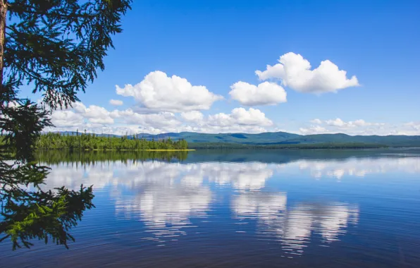Картинка небо, вода, деревья, отражение, Озеро