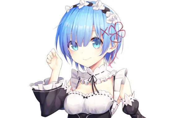 Фон, портрет, девочка, белый фон, бантик, горничная, Рем, Re Zero Kara Hajimeru Isekai Seikatsu
