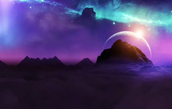 Space, universe, moon, sky, nebula, mountains, stars, night sky