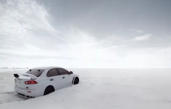 Снег, сугробы, cars, auto, evolution, mitsubishi lancer
