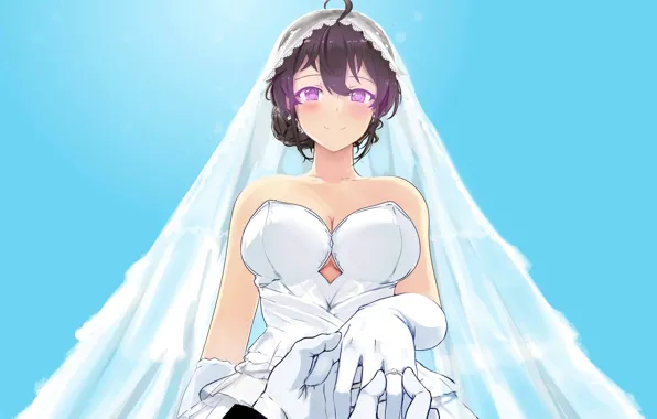 Dress, anime, purple eyes, bride, oppai, bishojo, japonese