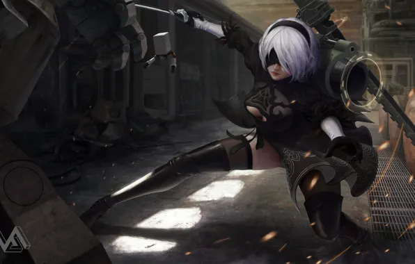 Девушка, Рисунок, Меч, Android, Арт, Nier, Illustration, Characters