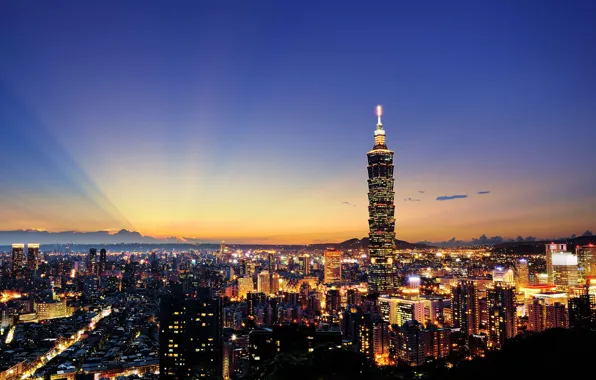 Картинка небо, закат, город, огни, дома, вечер, Китай, Тайвань