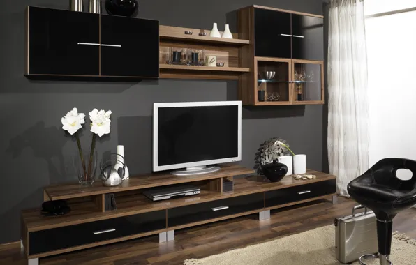 Картинка дизайн, комната, дерево, мебель, интерьер, телевизор, шкаф, коричневый