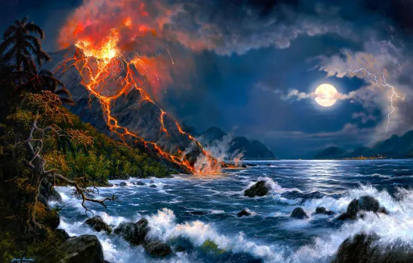 Море, пейзаж, вулкан, арт, Jesse Barnes, извержение вулкана