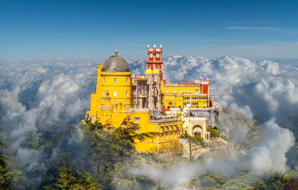 Картинка sky, mountains, clouds, castle, Portugal, palace, Lisbon, National Palace of Pena