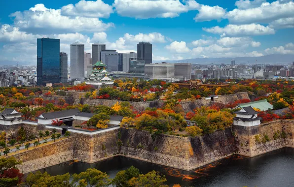 Деревья, парк, замок, здания, Япония, Japan, небоскрёбы, Osaka
