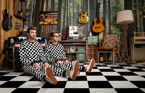 Гитары, помещение, магнитофон, фотообои, Rhett and Link