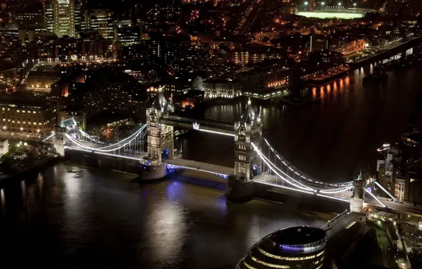 Картинка ночь, город, река, Англия, Лондон, дома, небоскребы, освещение