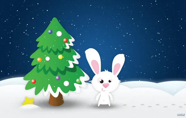 Картинка Снег, кролик, Звезда, Новый год, Елка, Заяц