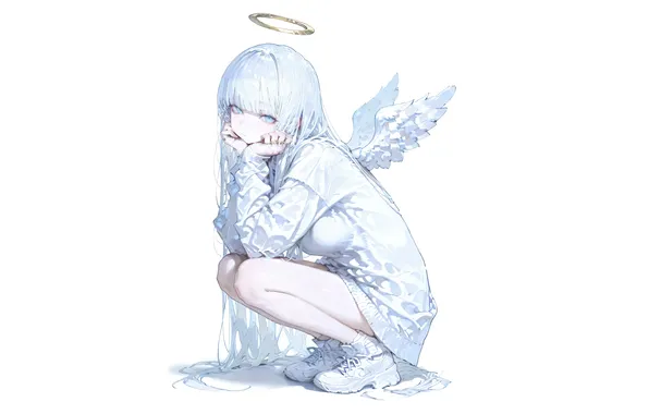 Girl, white, anime, wings, angel, hair
