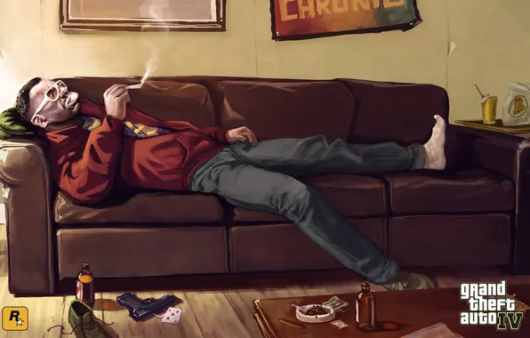 Картинка диван, дым, травка, курит, gta 4, Grand Theft Auto IV, Джейкоб