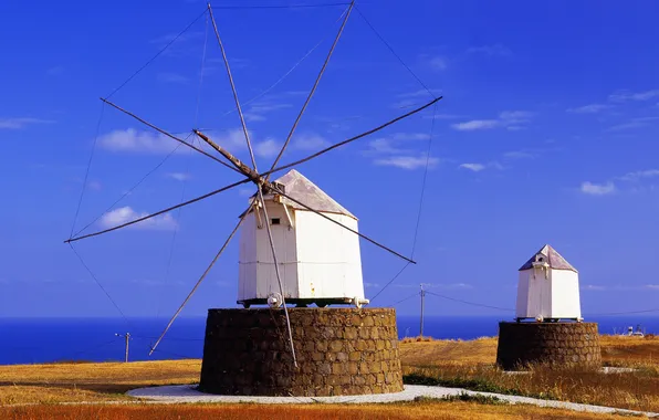 Portugal, Madeira, Portela, Porto Santo island, old wind mills