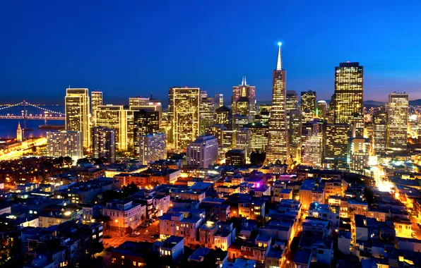 Картинка огни, здания, Калифорния, Сан-Франциско, ночной город, небоскрёбы, California, San Francisco