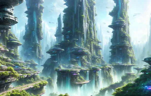 City, future, landscape, art, fantastic, cyberpunk, digital art, Futuristic