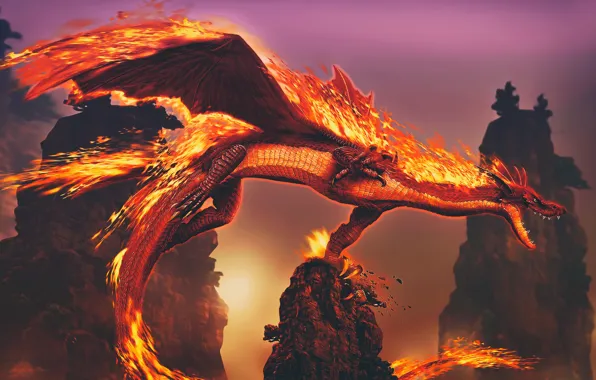 Картинка fire, fantasy, Dragon, horns, wings, tail, rocks, digital art
