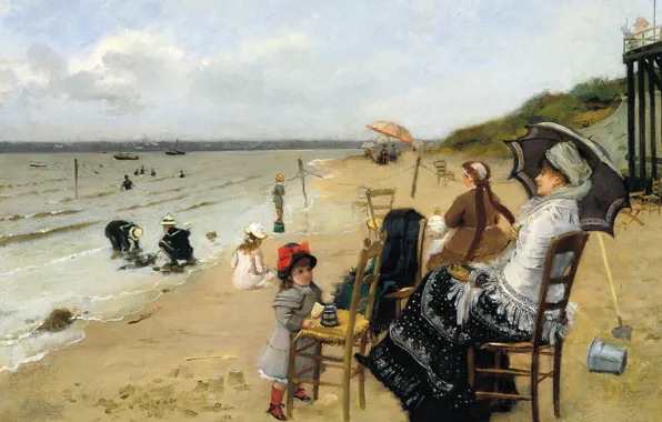 Картинка море, картина, жанровая, Ernest Ange Duez, Мать с Дочерью на Пляже