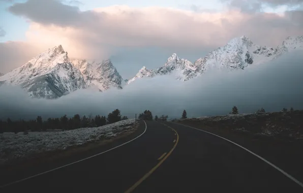 Картинка дорога, облака, горы, туман