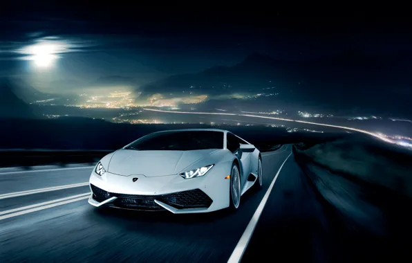 Картинка ночь, движение, Lamborghini, горизонт, white, front, LP 610-4, Huracan