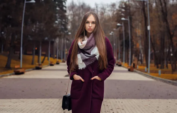 Осень, взгляд, деревья, поза, парк, модель, портрет, макияж