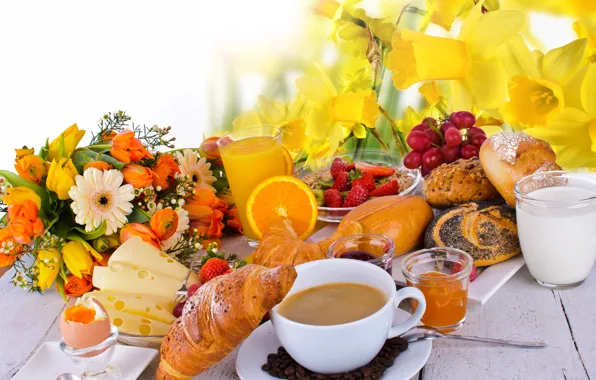 Картинка цветы, стол, яйцо, кофе, апельсин, букет, завтрак, сыр