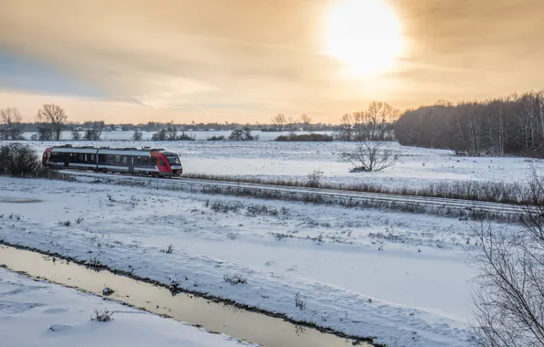 Sea, ocean, seascape, winter, snow, sun, fog, train