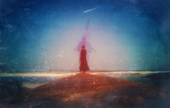Картинка волны, пляж, небо, женщина, лодки, падающая звезда, восхождение