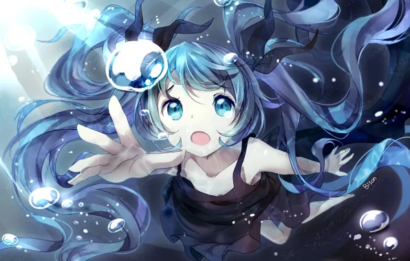 Картинка девушка, свет, пузыри, аниме, арт, vocaloid, hatsune miku, под водой