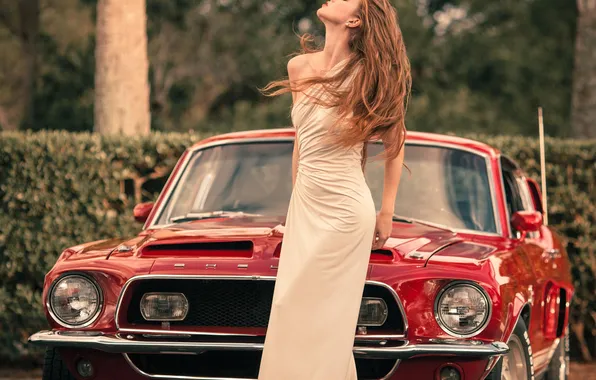 Картинка девушка, Mustang, Ford, Модель, red, мускул кар, muscle car, front