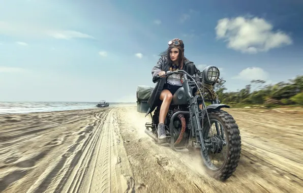 Картинка пляж, девушка, мотоцикл
