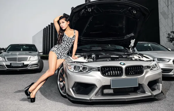 Авто, взгляд, BMW, азиатка, Эротика, красивая девушка, открытый капот