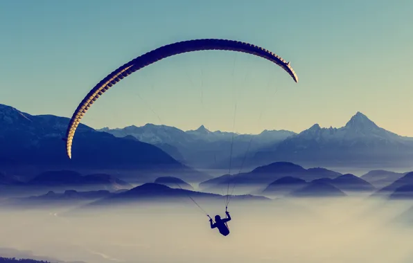 Картинка sky, landscape, nature, mountains, fog, sports, mist, Paragliding