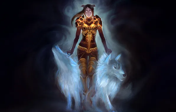 Картинка девушка, темный фон, арт, рога, волки, броня, цепи